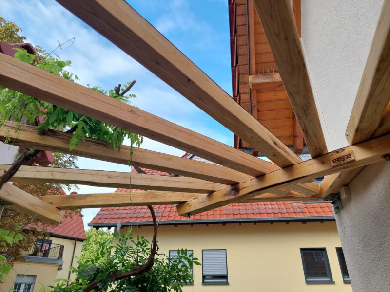 Pergola aus Holzbalken Edelkastanie rustikal gesägt 12x12x400 cm, 12x12x300 cm, 12x12x250 cm, 10x12x250 cm und 10x10x400 cm