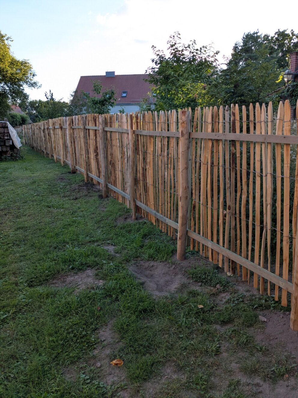 Fr. Staketenzaun Kastanien 150 cm hoch, Abstand 4 cm, 2x 5m Rolle und Kastanien Pfost 200 cm lang, Ø 7-9 cm - mit Spitze