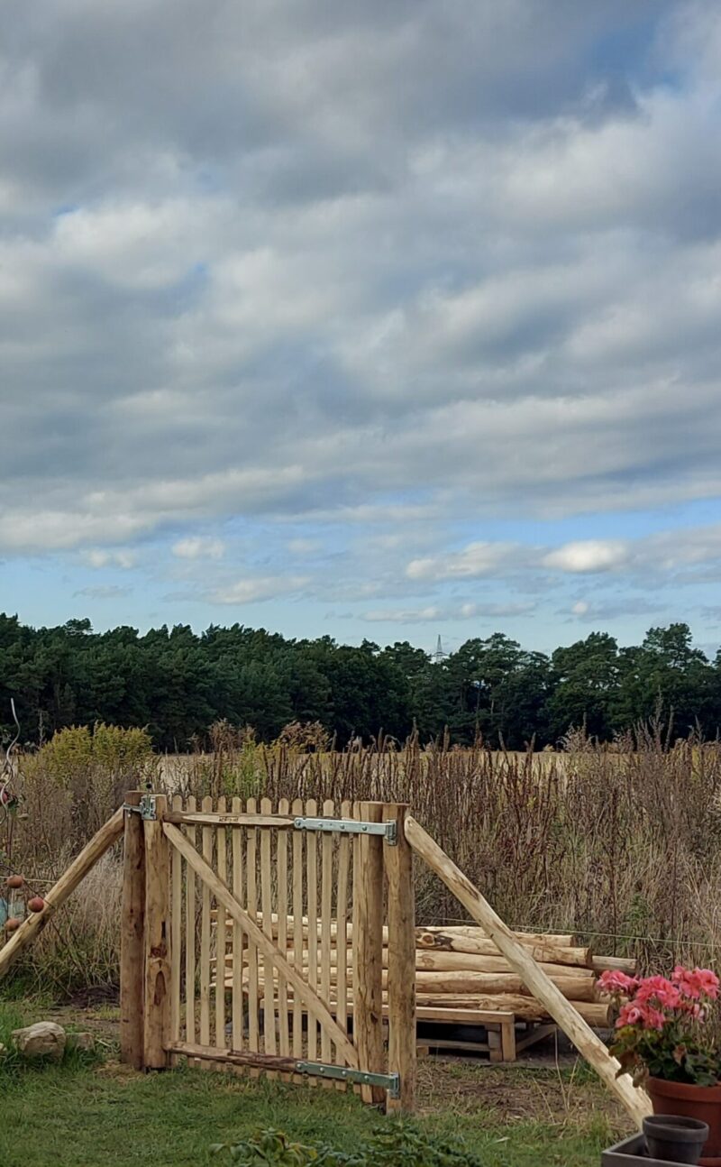 Fr. Staketenzaun Kastanien 120 cm hoch, Abstand 6 cm, 10m Rolle, Robinien Pfost 200 cm lang, Ø 8-10 cm geschält mit Spitze, Robinien Pfost 200 cm lang, Ø 10-12 cm geschält mit Spitze, Staketenzauntor Kastanie einzeln 120Bx120H (cm), Öffnungsrichtung: Rechts