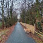 Fr. Staketenzaun Kastanien 120 cm hoch, Abstand 6 cm, 10m Rolle, Robinien Pfost 180 cm lang, Ø 8-10 cm geschält mit Spitze