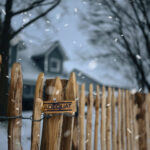 Fr. Staketenzaun Kastanien 120 cm hoch, Abstand 4 cm, 2x 5m und Kastanien Pfost 200 cm lang, Ø 10-12 cm - mit Spitze Kastanienzaun im Schnee