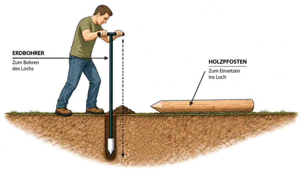 Erdbohrer Holzpfosten setzen