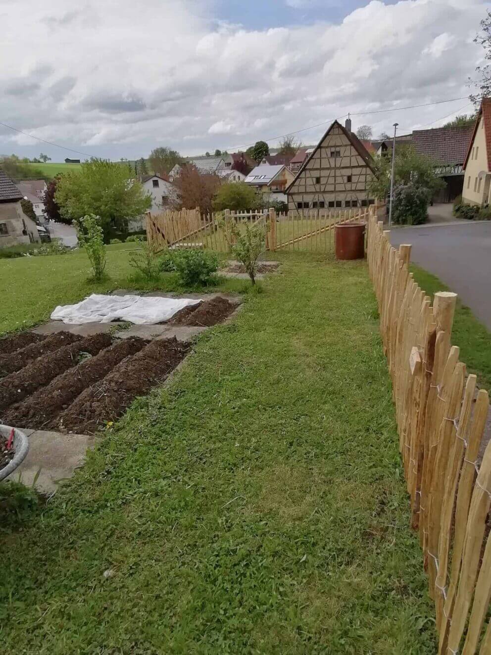 Clôture ganivielle française en bois de châtaignier de 80 cm de hauteur et avec un espacement de 6 cm. entre les lattes.