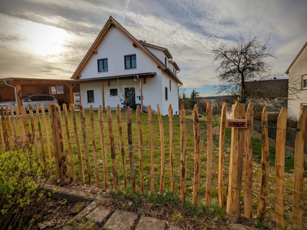 Clôture ganivielle française en bois de châtaignier de 80 cm de hauteur et avec un espacement de 6 cm. entre les lattes.