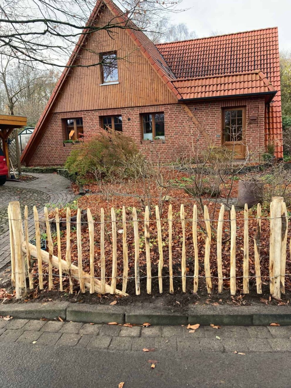 Clôture ganivielle française en bois de châtaignier de 80 cm de hauteur et avec un espacement de 6 cm. entre les lattes.