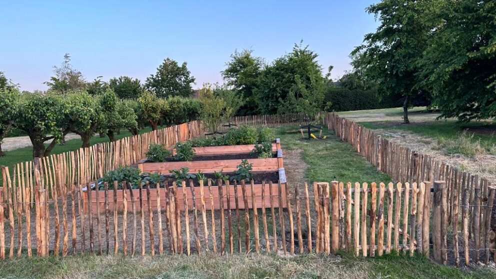 Clôture ganivielle française en bois de châtaignier de 80 cm de hauteur et avec un espacement de 4 cm. entre les lattes.