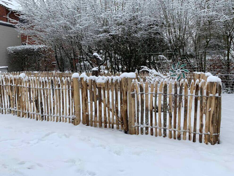 Clôture ganivielle française en bois de châtaignier de 80 cm de hauteur et avec un espacement de 4 cm. entre les lattes.