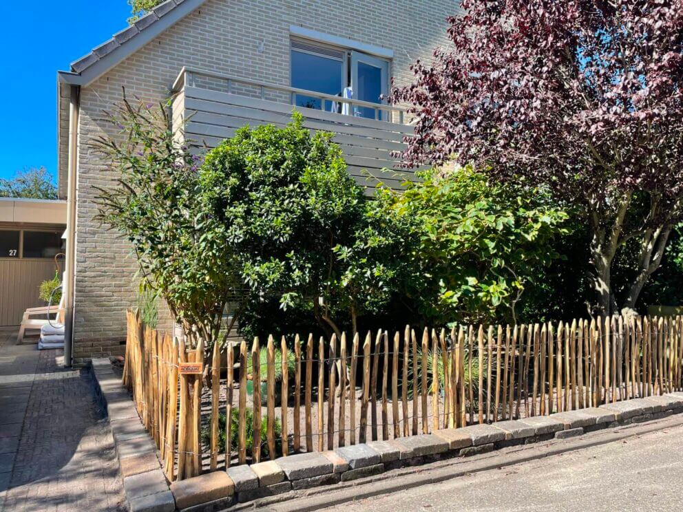 Clôture ganivielle française en bois de châtaignier de 80 cm de hauteur et avec un espacement de 4 cm. entre les lattes.