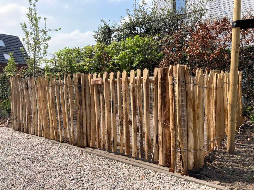 Clôture ganivielle française en bois de châtaignier de 80 cm de hauteur et avec un espacement de 4 cm. entre les lattes.