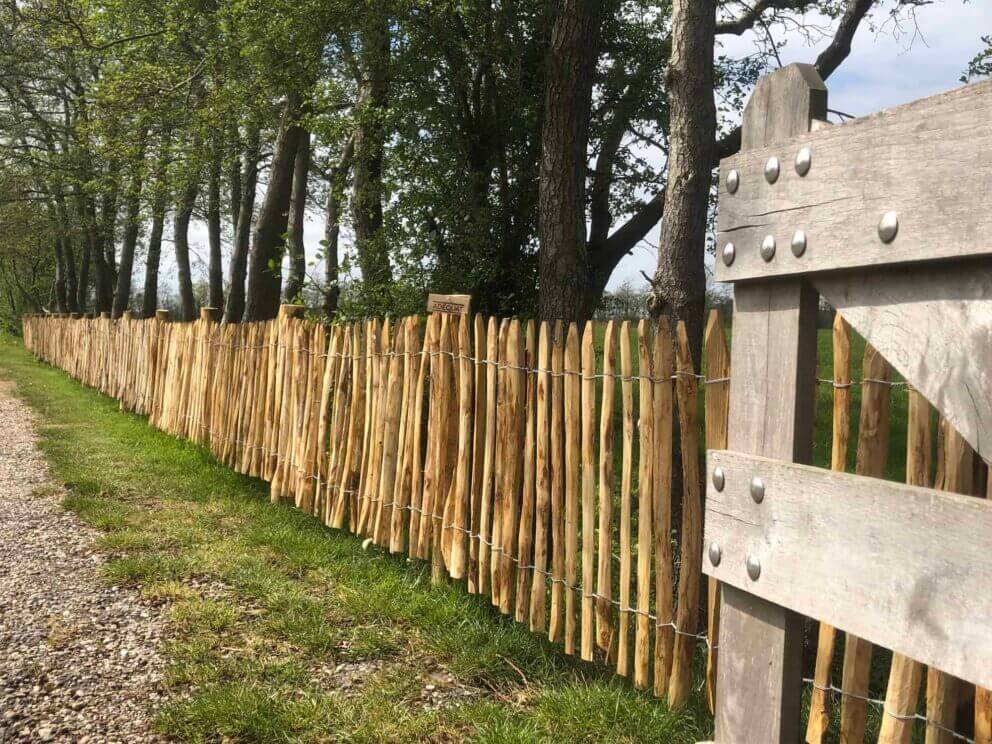 Clôture ganivielle française en bois de châtaignier de 80 cm de hauteur et avec un espacement de 4 cm. entre les lattes.