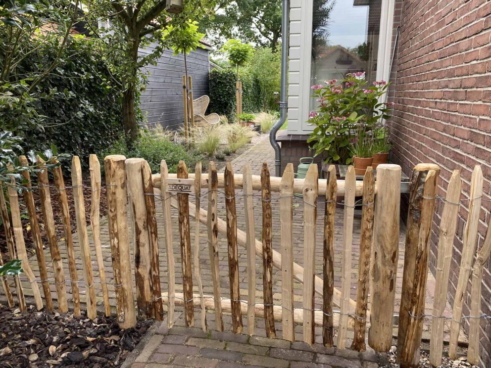 Clôture ganivielle française en bois de châtaignier de 80 cm de hauteur et avec un espacement de 4 cm. entre les lattes.