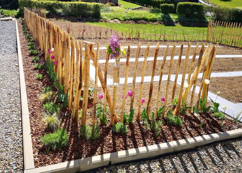 Clôture ganivielle française en bois de châtaignier de 100 cm de hauteur et avec un espacement de 8 cm. entre les lattes.