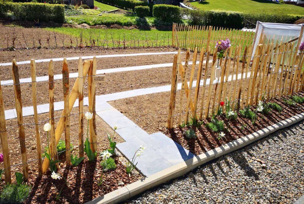 Clôture ganivielle française en bois de châtaignier de 100 cm de hauteur et avec un espacement de 8 cm. entre les lattes. Clôture autour du potager.