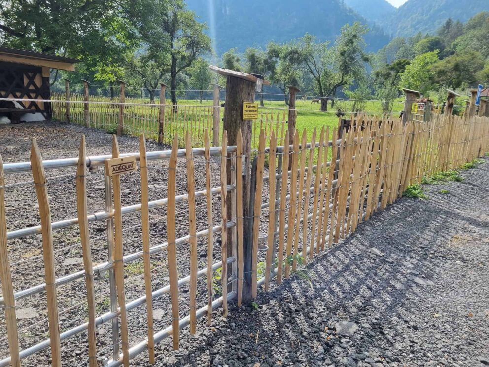 Clôture ganivielle française en bois de châtaignier de 100 cm de hauteur et avec un espacement de 10 cm. entre les lattes.