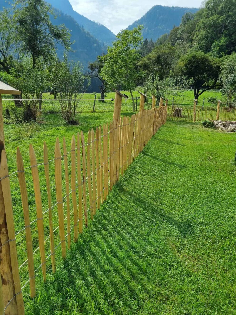 Clôture ganivielle française en bois de châtaignier de 100 cm de hauteur et avec un espacement de 10 cm. entre les lattes.