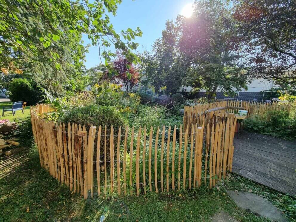 Clôture ganivielle française en bois de châtaignier de 100 cm de hauteur et avec un espacement de 4 cm. entre les lattes.