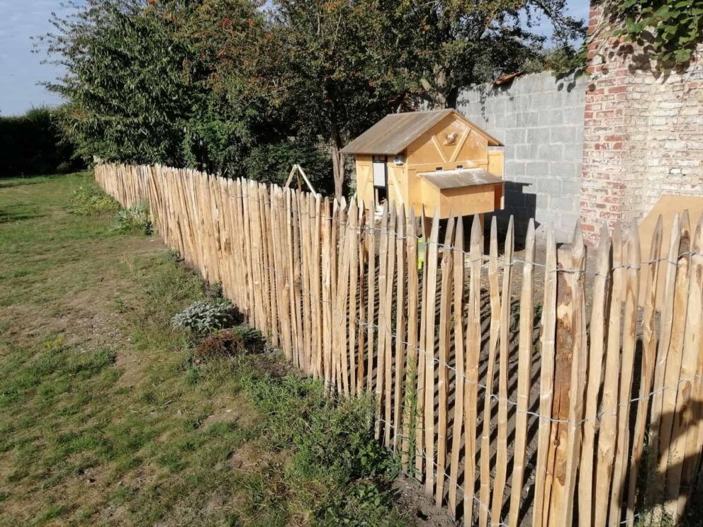 Clôture ganivielle française en bois de châtaignier de 120 cm de hauteur et avec un espacement de 4 cm. entre les lattes.