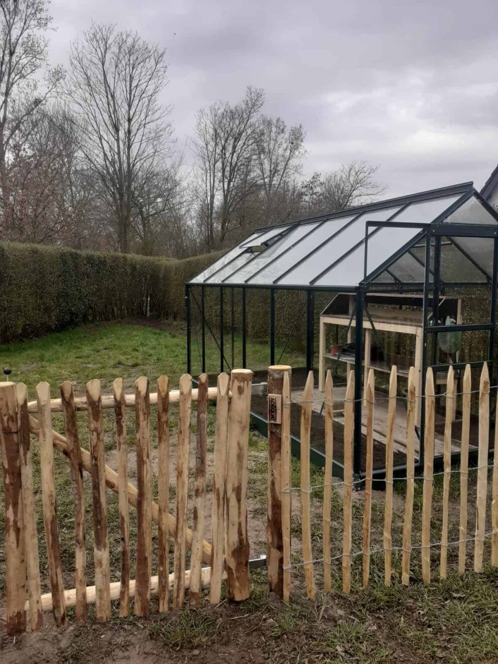 Clôture ganivielle française en bois de châtaignier de 100 cm de hauteur et avec un espacement de 6 cm. entre les lattes.