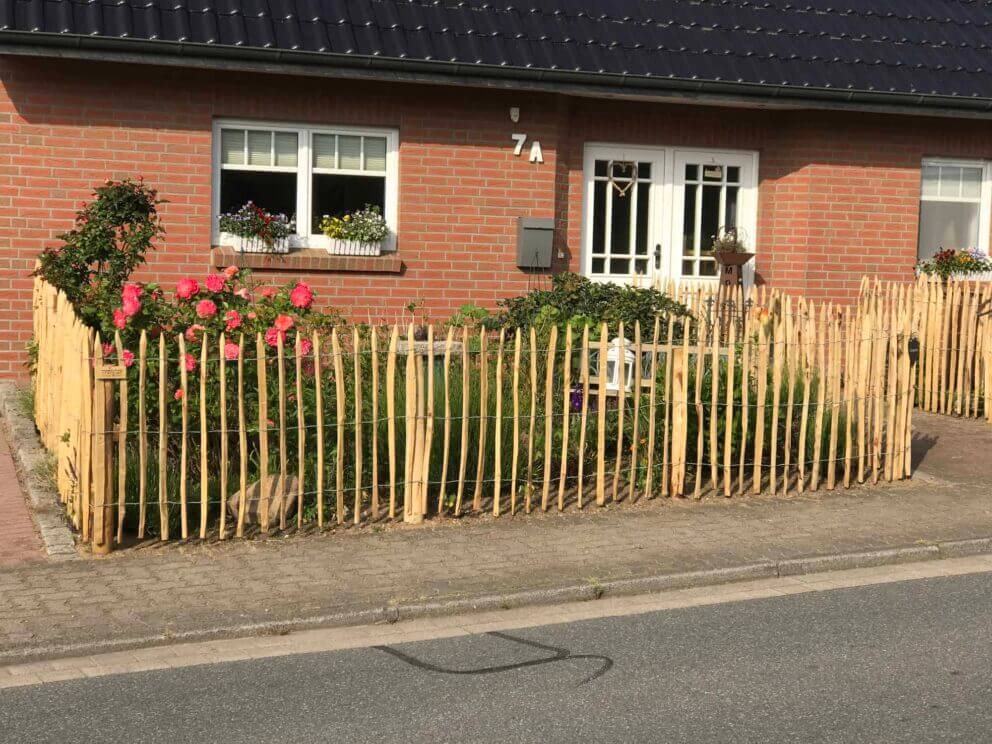 Clôture ganivielle française en bois de châtaignier de 100 cm de hauteur et avec un espacement de 6 cm. entre les lattes.