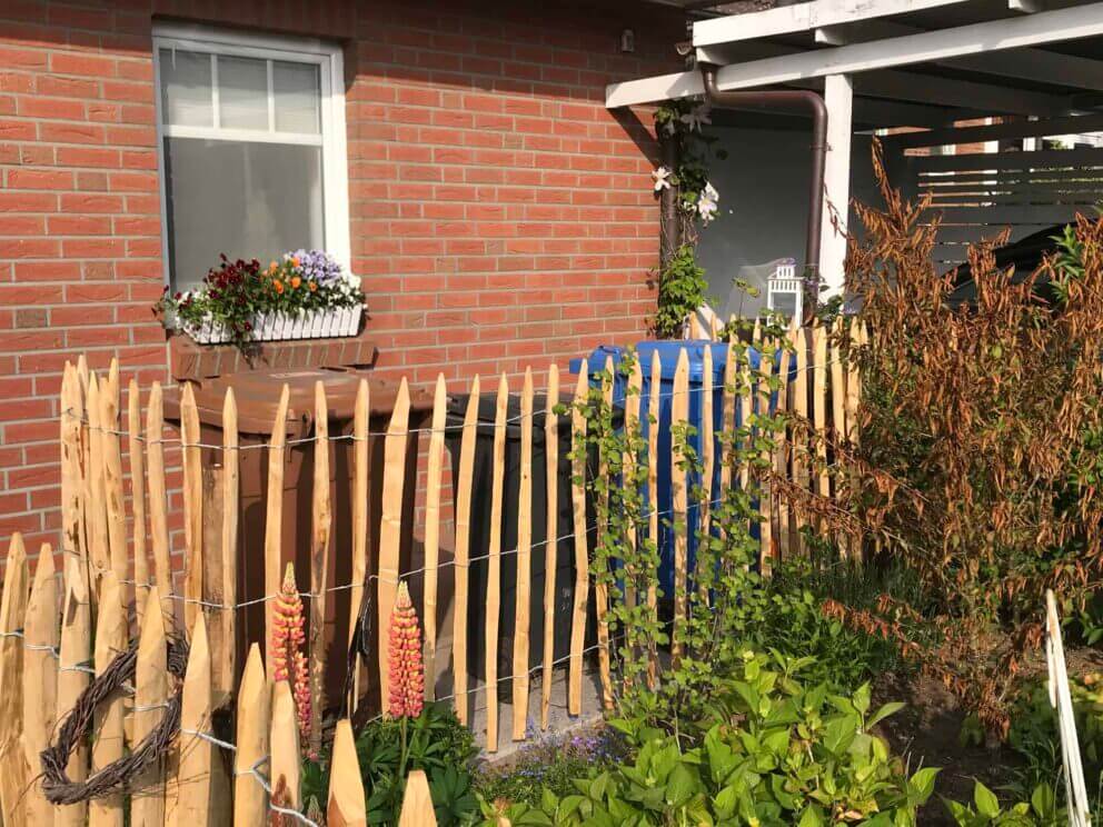 Clôture ganivielle française en bois de châtaignier de 100 cm de hauteur et avec un espacement de 6 cm. entre les lattes.