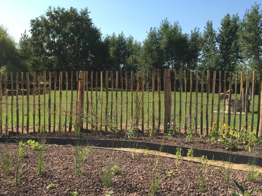 Clôture ganivielle française en bois de châtaignier de 120 cm de hauteur et avec un espacement de 6 cm. entre les lattes.