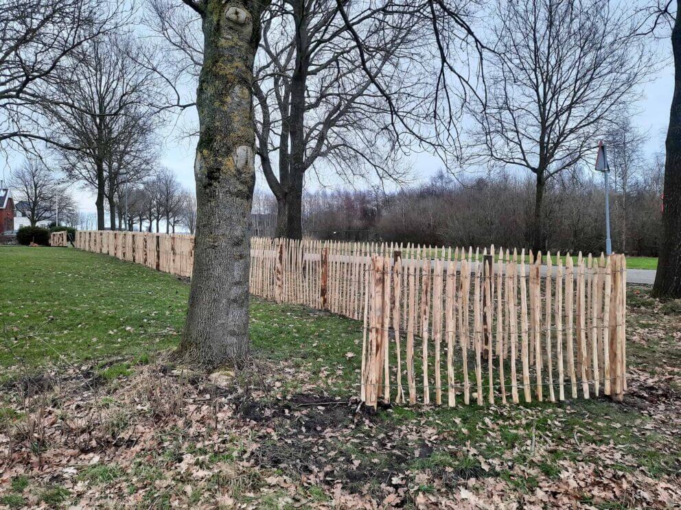 Clôture ganivielle française en bois de châtaignier de 120 cm de hauteur et avec un espacement de 6 cm. entre les lattes.