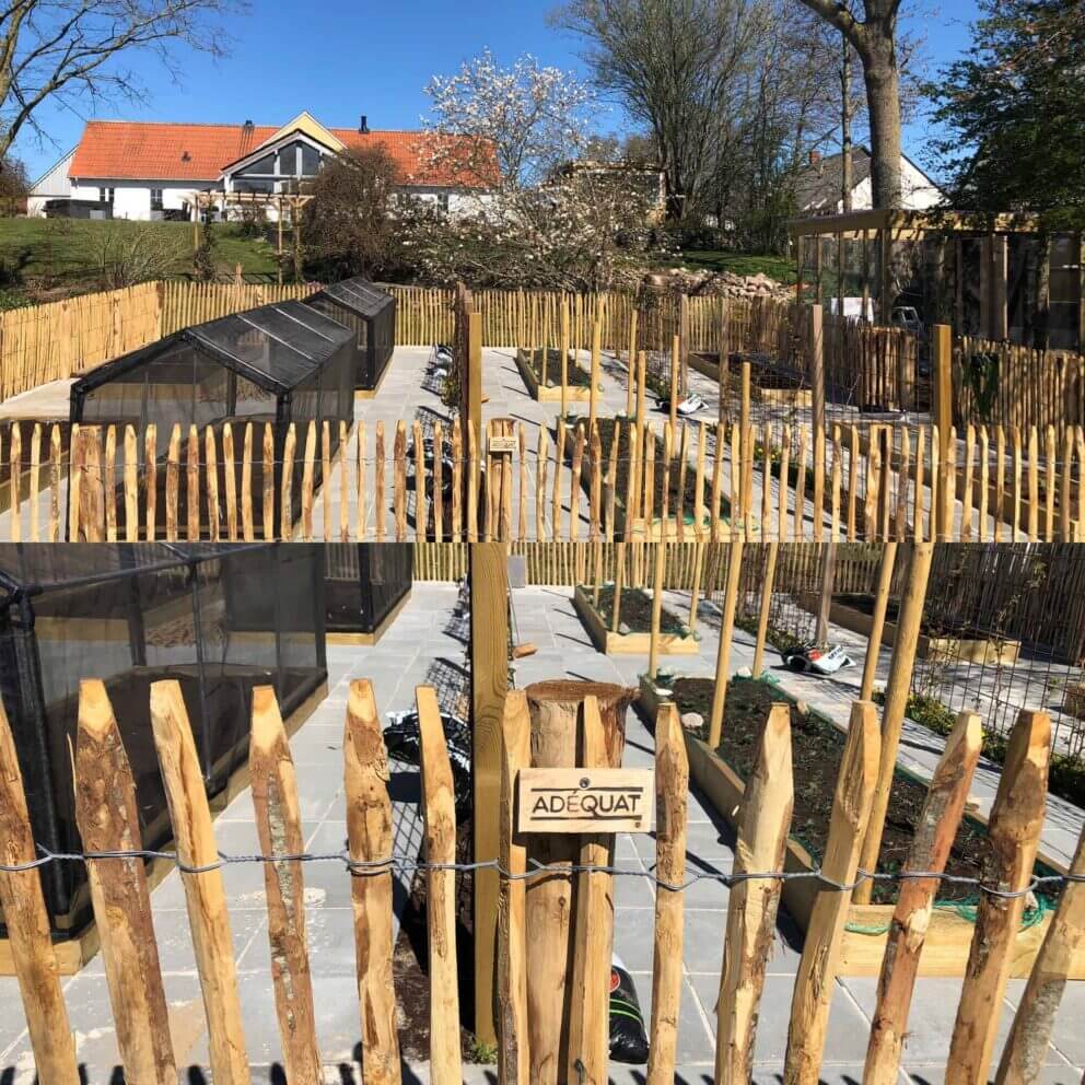 Clôture ganivielle française en bois de châtaignier de 100 cm de hauteur et avec un espacement de 4 cm. entre les lattes. Clôture autour du potager.