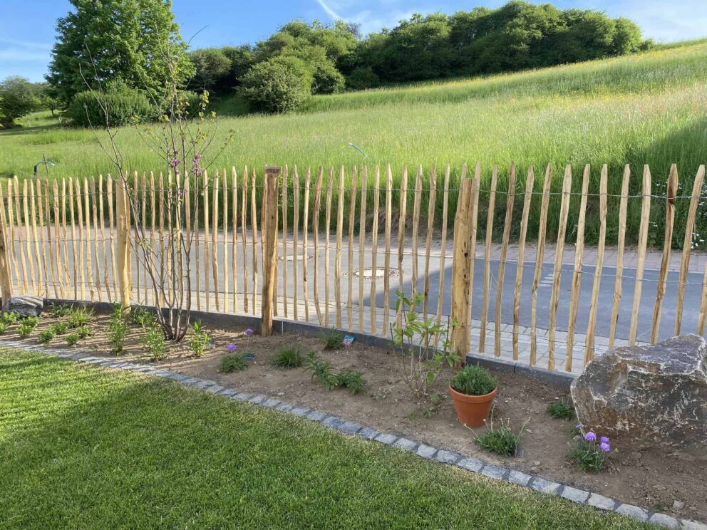 Clôture ganivielle française en bois de châtaignier de 100 cm de hauteur et avec un espacement de 8 cm. entre les lattes.