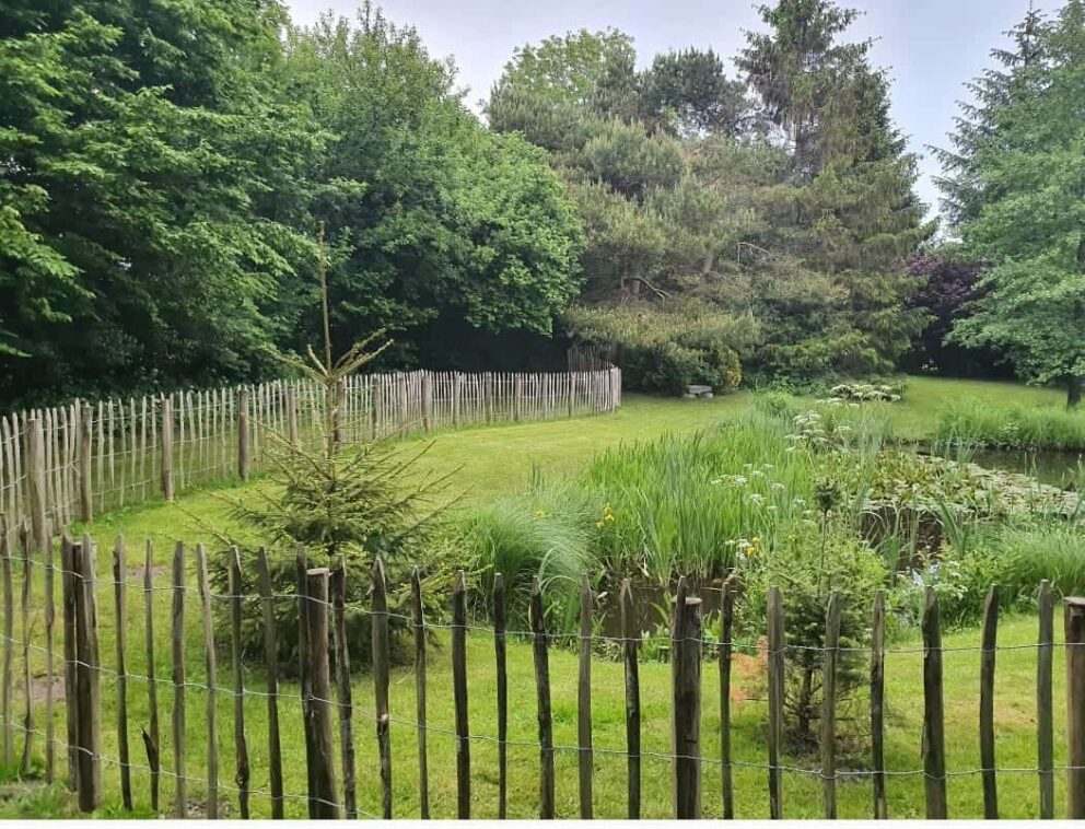 Clôture ganivielle française en bois de châtaignier de 120 cm de hauteur et avec un espacement de 10 cm. entre les lattes.