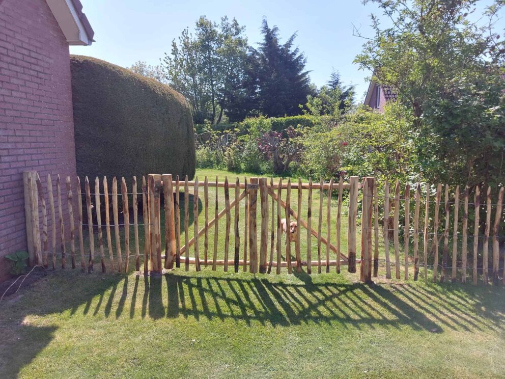 Clôture ganivielle française en bois de châtaignier de 100 cm de hauteur et avec un espacement de 6 cm. entre les lattes.