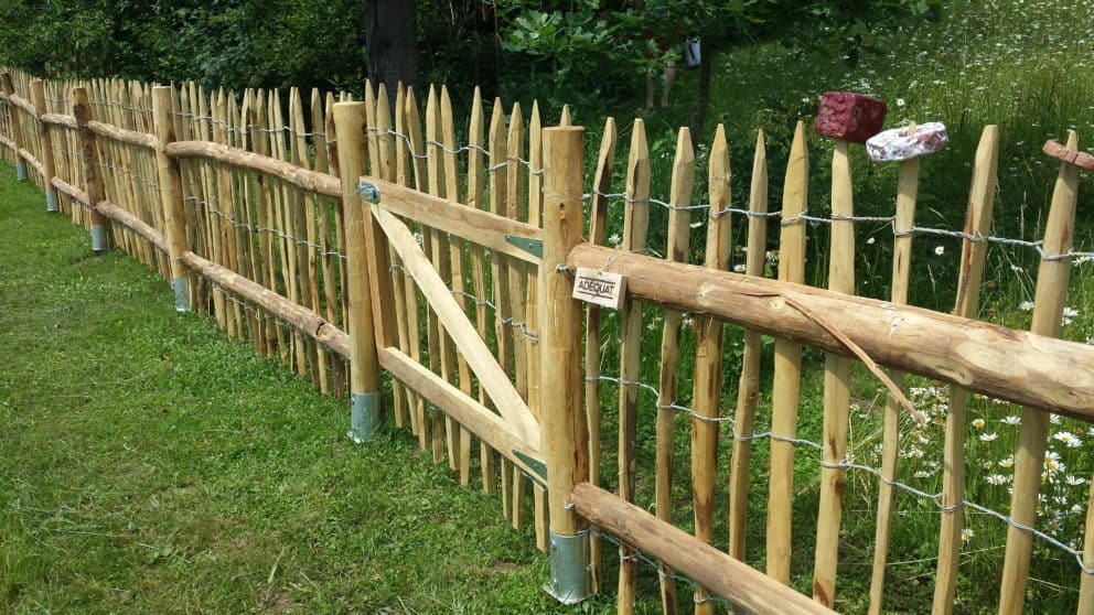 Frans schapenhek van kastanjehout met een hoogte van 100 cm en een latafstand van 6 cm met een zelfgemaakte raamwerkpoort van 100 cm hoog 100 cm breed