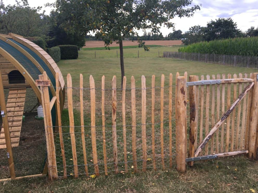 Schapenhek van 120 cm met een latafstand van 6 cm cm en een rondhoutpoort van 120 cm hoog met een franse rondhoutpoort van 120 cm hoog als afrastering en doorgang naar een wei