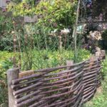 Kleine en lage afrastering van gevlochten wilgentenen bij een bloemenweide in de tuin. De tuin staat mooi in bloei.