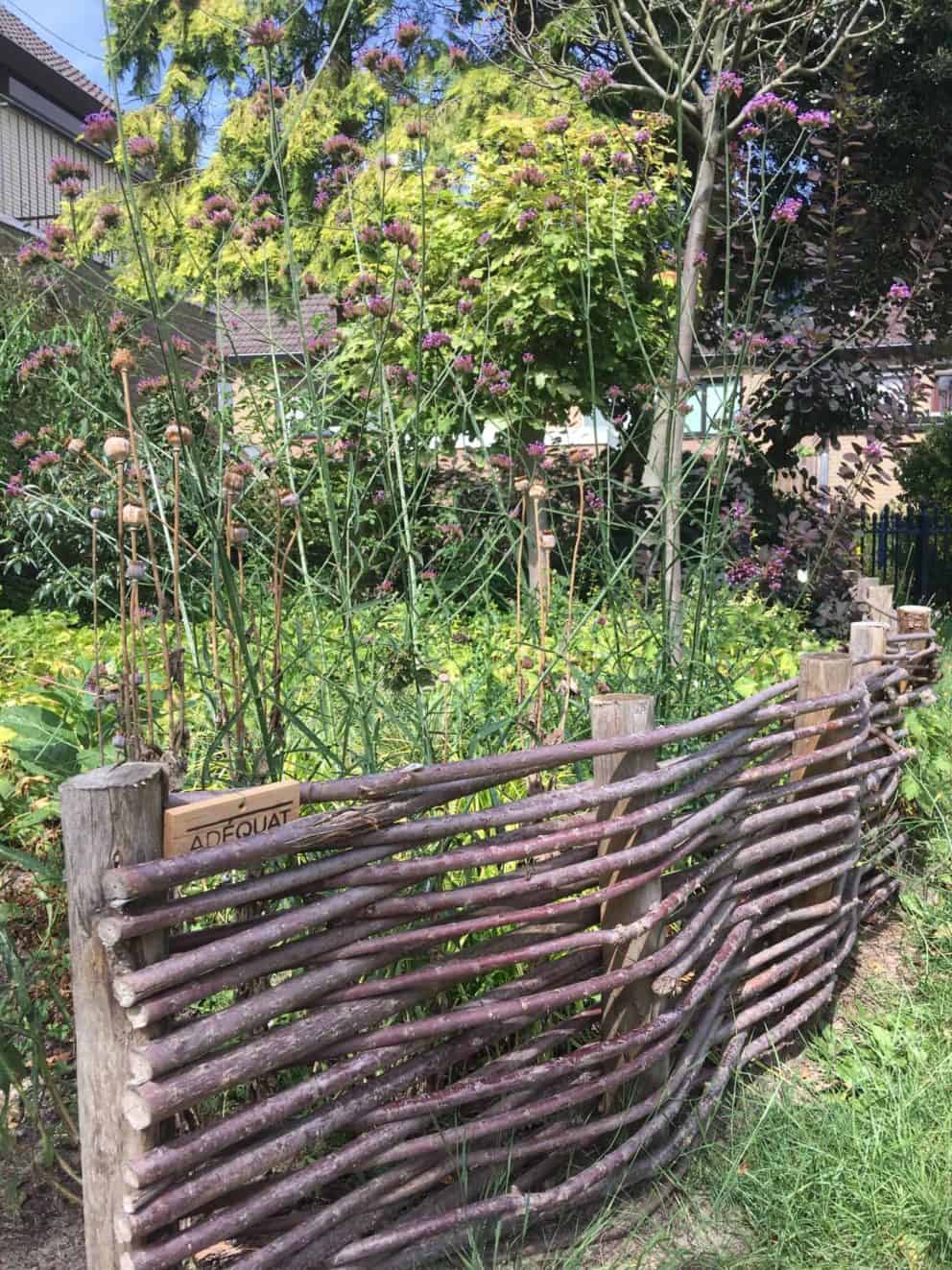 Kleine en lage afrastering van gevlochten wilgentenen bij een bloemenweide in de tuin. De tuin staat mooi in bloei.