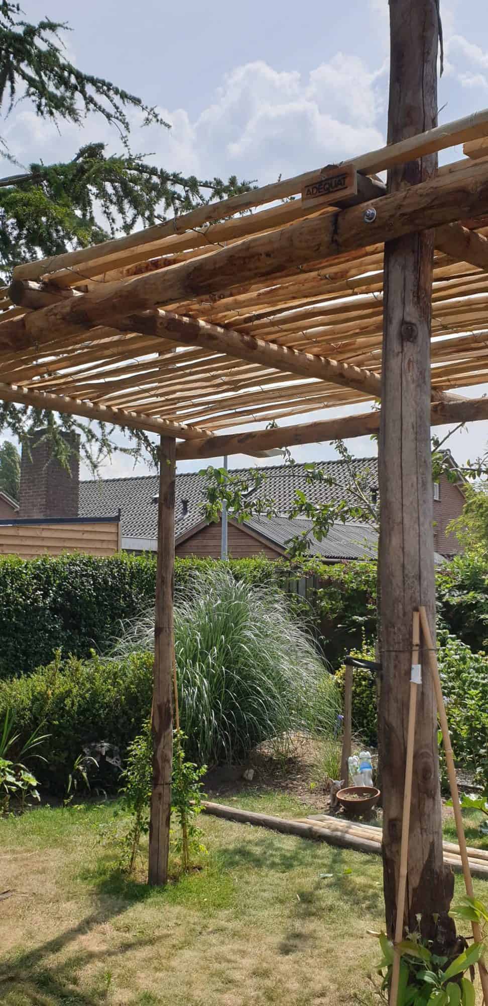 Pergola van kastanje rondhout met schapenhek 175/5 als overkapping