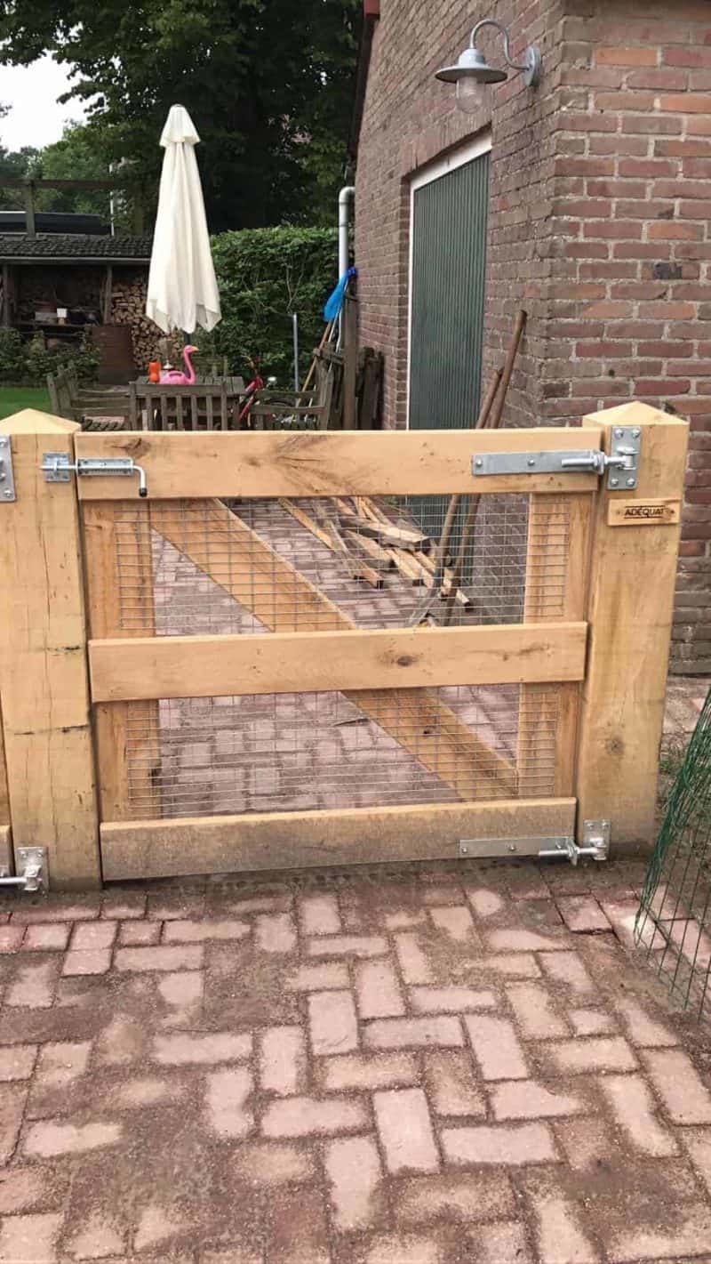 Enkele boerenlandhek van eiken met gaas en een veer slot als toegang naar een tuin.