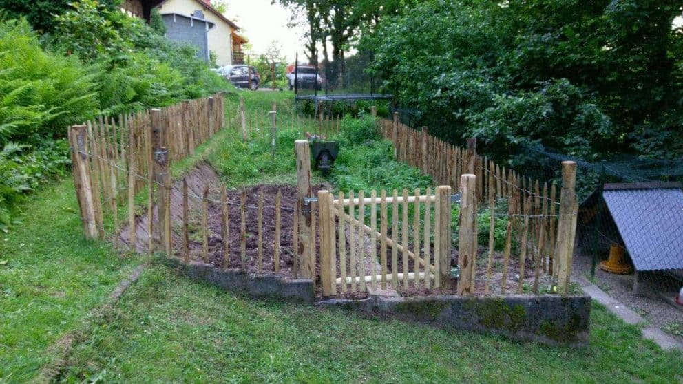 Franse Franse rondhoutpoort van 80 cm hoog en 100 cm breed gebruikt als doorgang naar een moestuin die omheind is door schapenhek van 80 cm hoog