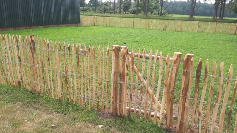 Raamwerkpoort van 80 cm breed bij 100 cm hoog als doorgang naar een wei omheind met schapenhek van 100 cm hoog met een latafstand van 4 cm