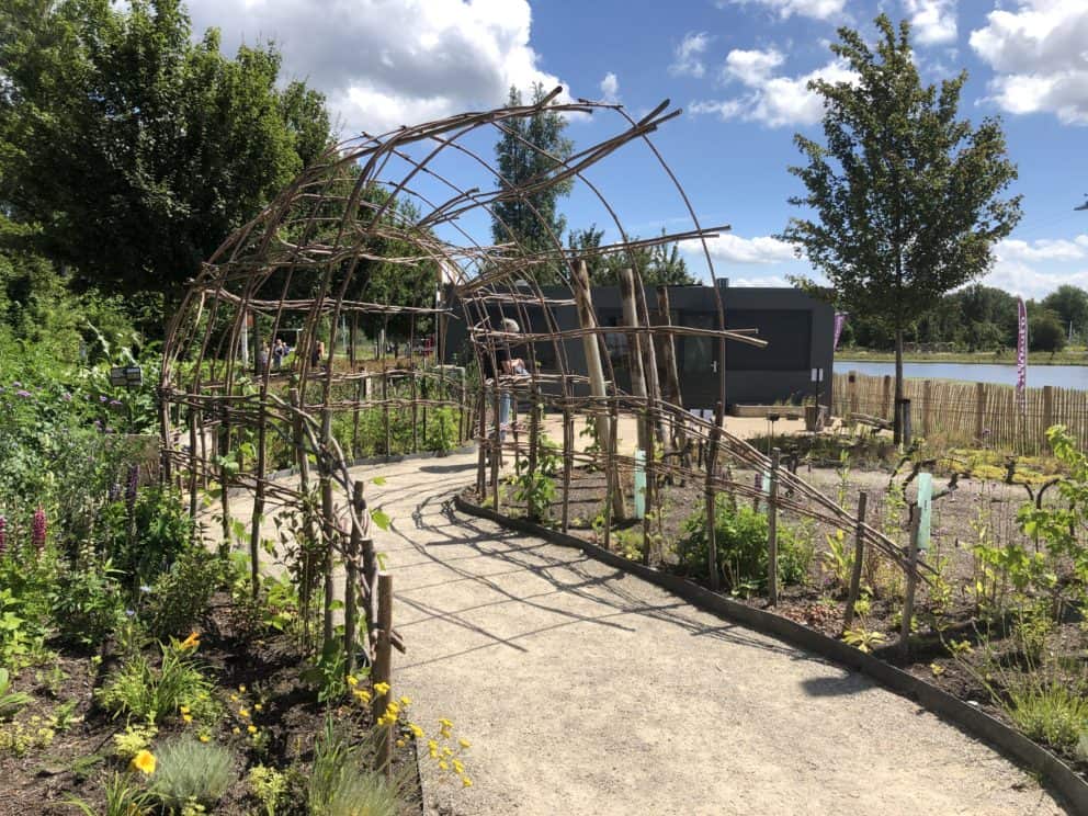 Een koepel vormige doorgang van wilgentenen gemaakt in een moestuin. Op de foto is veel groen te zien en de wilgentenen gaan mooi op in de omgeving.