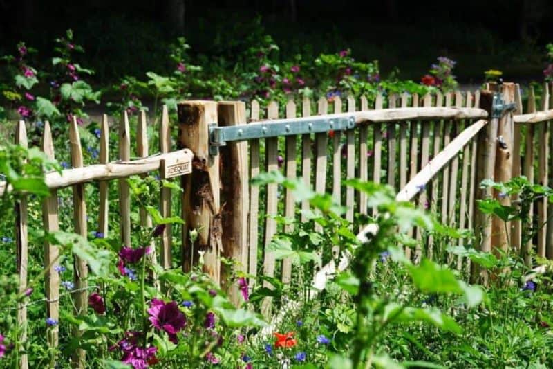 Franse rondhoutpoort van 180 cm breed bij 100 cm hoog geplaats tussen schapenhek in een wilde bloementuin in bloei