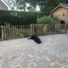 Franse rondhoutpoort van 80 cm hoog bij 80 cm breed geplaatst tussen robinia schapenhek bij een moestuin.