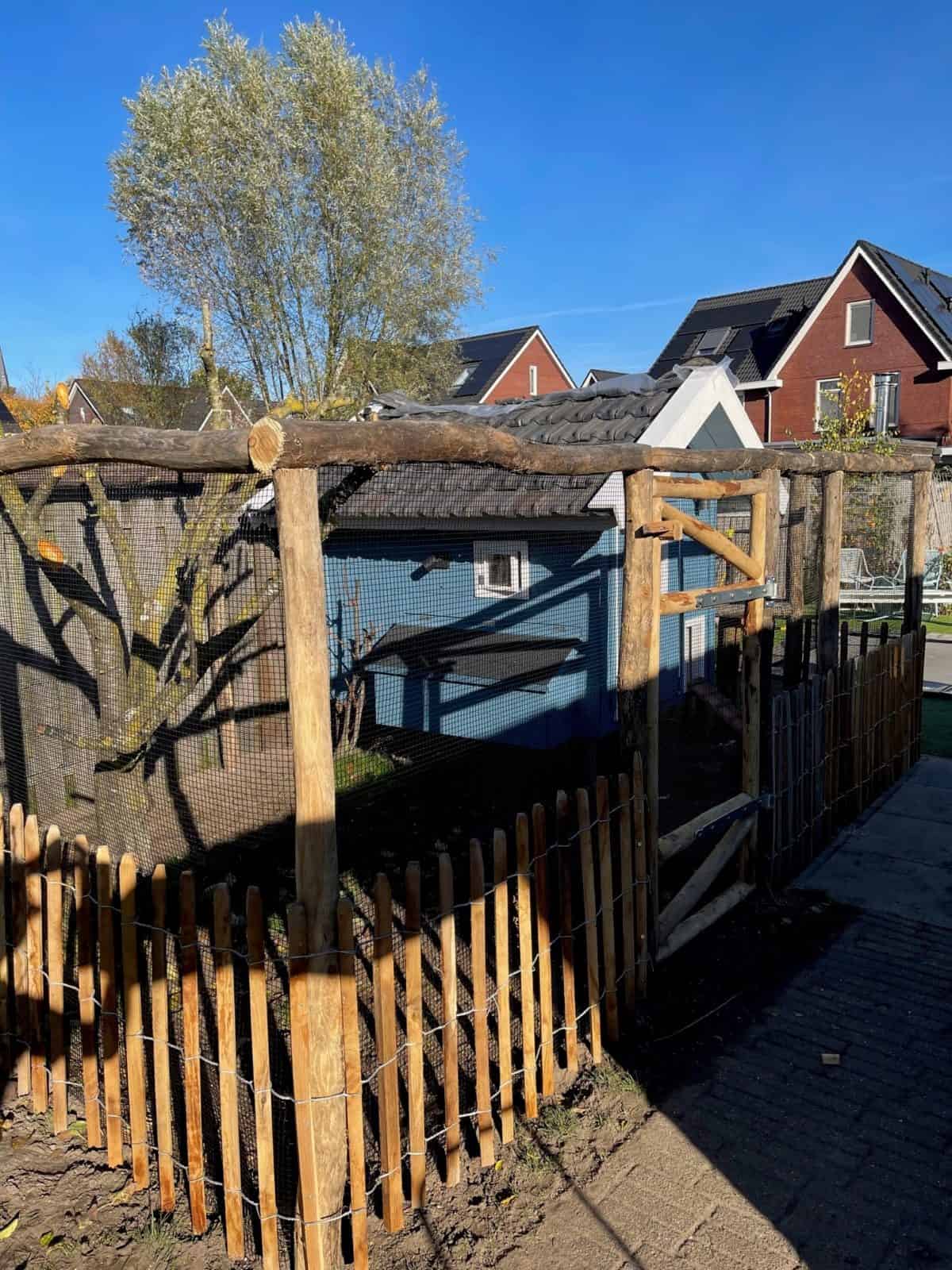 Robinia schapenhek van 80 cm hoog met een latafstand van 8 cm met een raamwerkpoort van 80 cm breed bij 80 cm hoog en robinia palen diam. 8/10 van 250 cm lang bij een kippenhok.