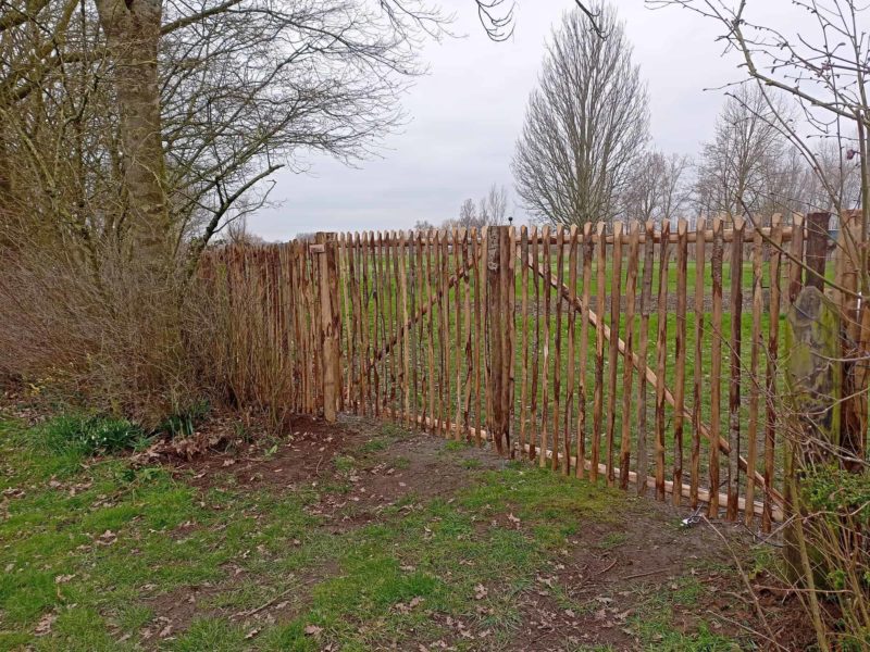 Franse kastanje rondhoutpoort van 150 cm hoog per poortdeel en 180 cm breed gebruikt als toegangsport in een wei.