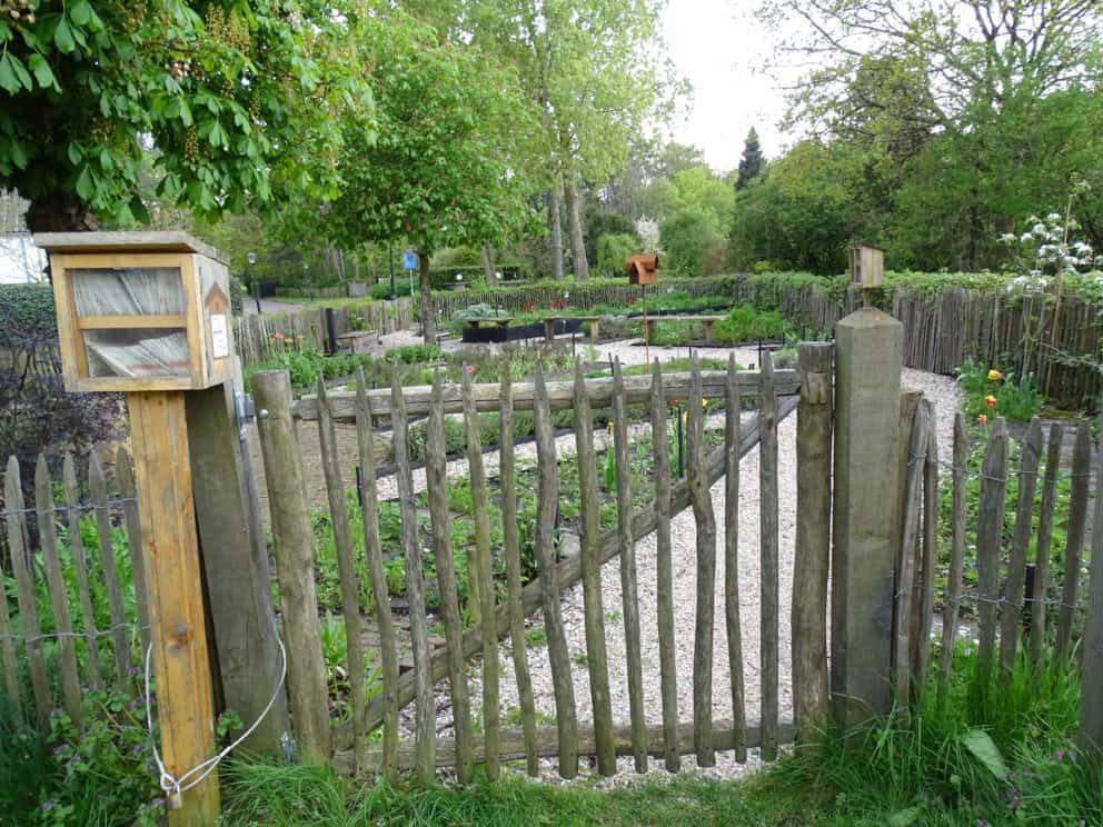 Frans schapenhek van 100 cm hoog met latafstand 4 cm gebruikt als omheining voor een bloementuin. De toegangspoort is een rondhoutpoort van 150 cm breed en 120 cm hoog. De foto is genomen vanaf de kant van de poort en kijkt uit op de bloementui die al een paar bloemen in bloei heeft staan. Op de grond is een wit kiezelstenen pad te zien en achterin de tuin staan drie houten bankjes.