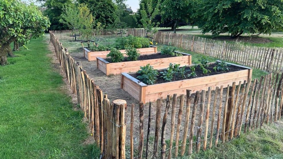 Frans schapenhek 80 cm hoog en latafstand 4 cm en een rondhoutpoort van 100 cm breed bij 80 cm hoog voor moestuin