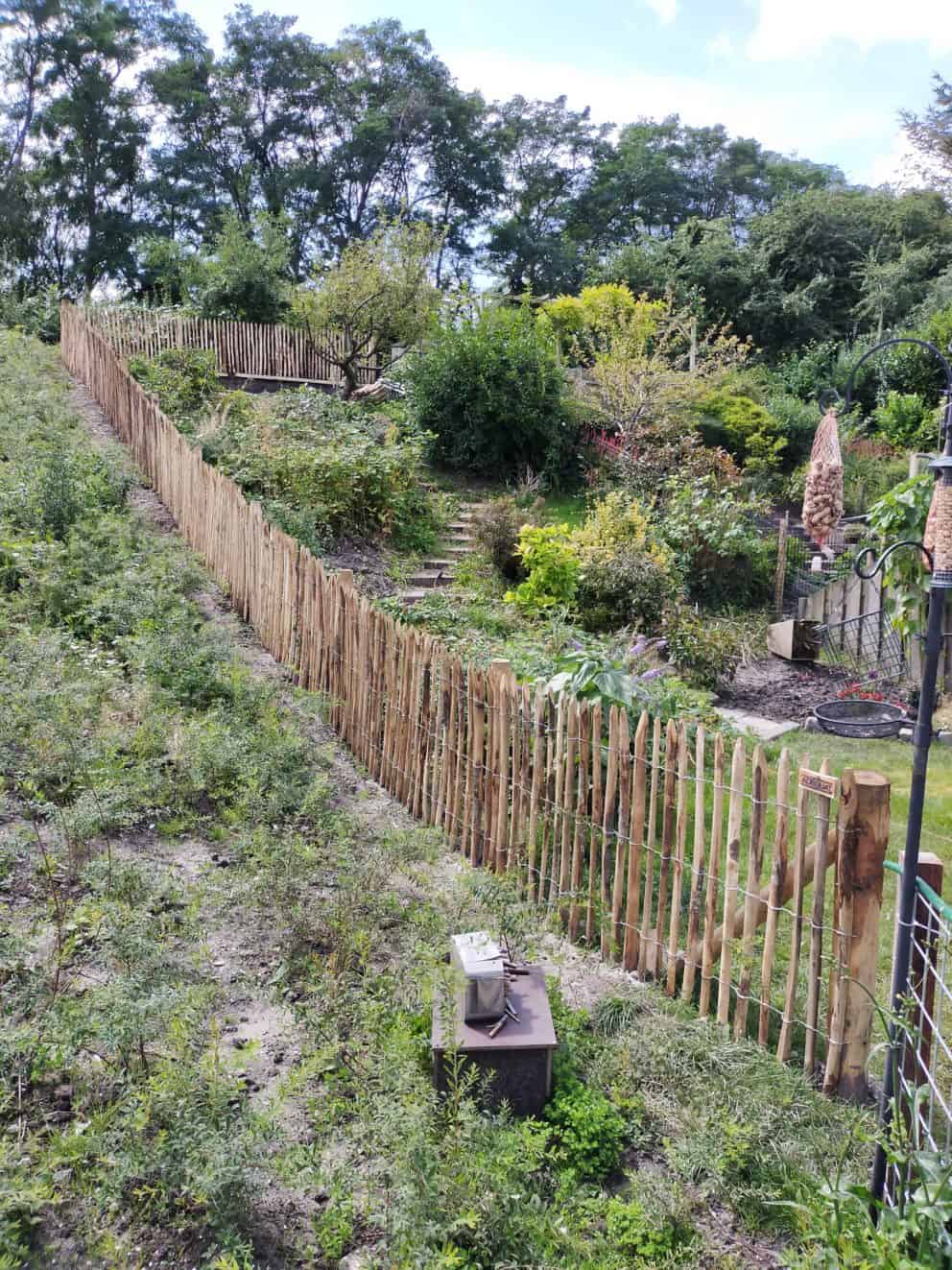 Frans kastanje schapenhek van 100 cm hoog met een latafstand van 4 cm en kastanje palen met een lengte van 175 cm en diameter 7/9 10/12 als afrastering in een groene tuin