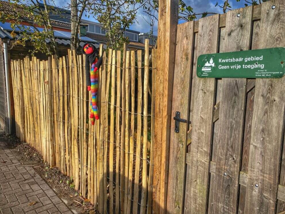 Frans schapenhek 200 cm hoog met latafstand 4 cm en kastanje palen diameter 7/9 cm met lengte 300 cm als afrastering in de tuin