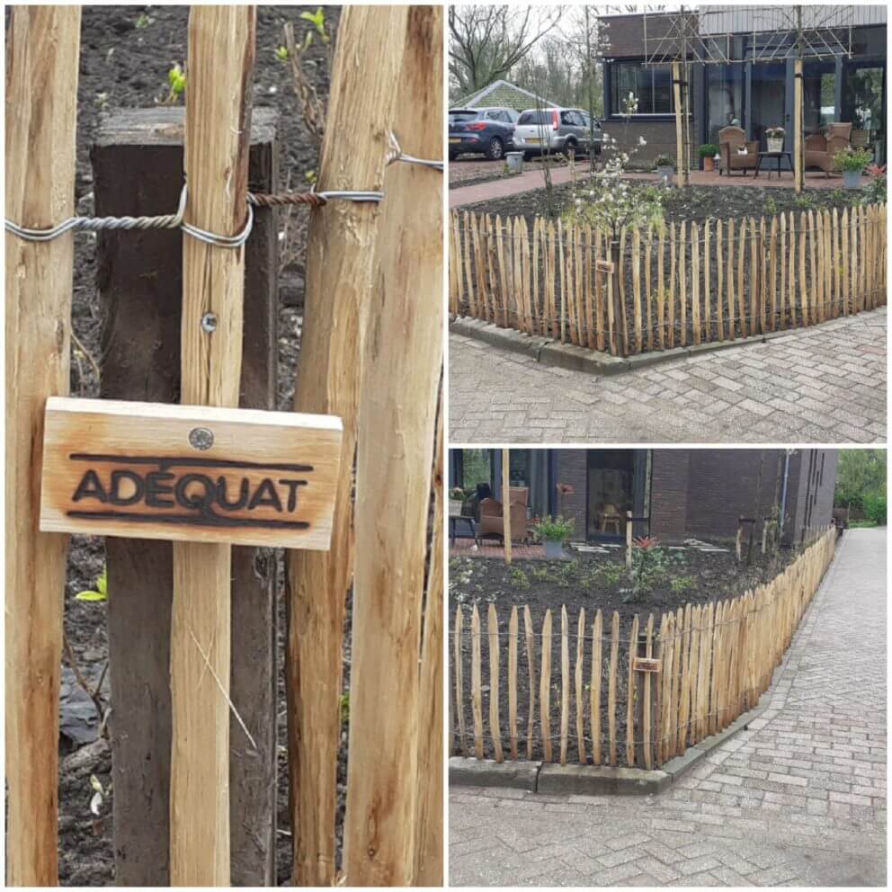 Frans schapenhek van kastanje in de hoogte 80 cm met een latafstand van 4 cm gebruikt als omheining in de tuin.