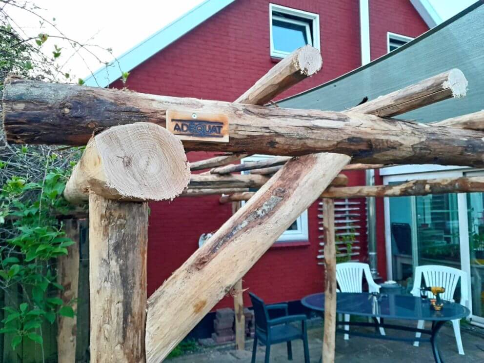 Pergola gemaakt van kastanje palen diam. 10/12 cm lengte 250 en 300 cm en kastanje palen diam. 4-6 cm met een lengte van 300 cm.