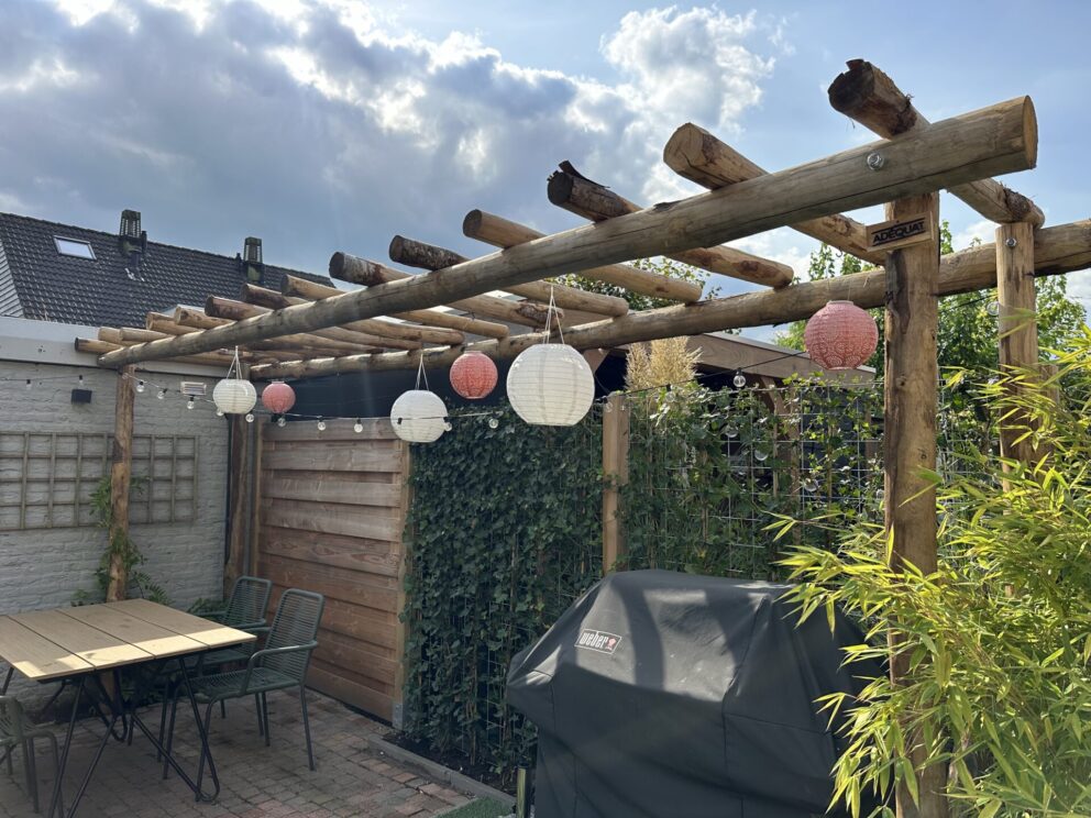 Pergola van kastanje palen diameter 7/9 cm en lengte 150/160 en 200 cm met kastanje palen diameter 10/12 cm en lengte 300 en 600 cm